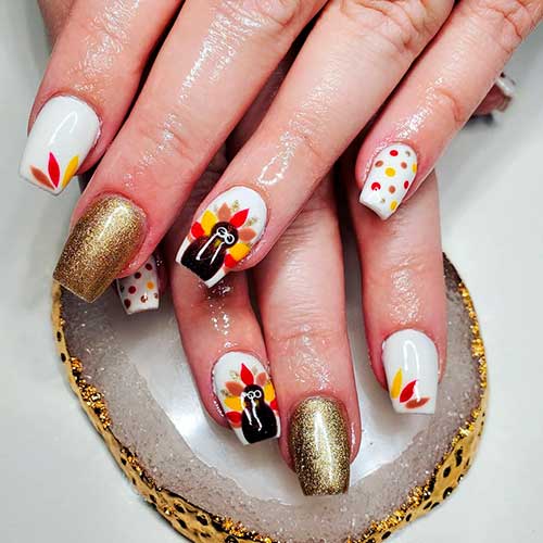 Cute short squared white thanksgiving turkey nails art idea!