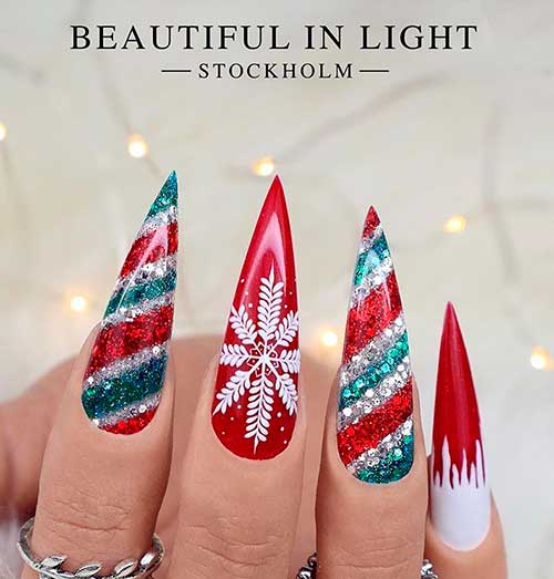 Cute stiletto red and green candy cane nails 2020 idea for Christmas celebration