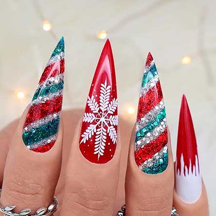 Red and green candy cane nails idea for Christmas party