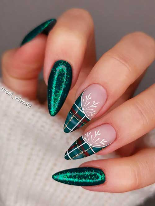Medium Almond Shaped Glitter Dark Green Nails with Snowflake and Plaid Nail Art on Two Accent Nails