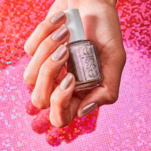 Glitzy silver taupe Roll with it nail polish from Essie Fall 2020 Roll with It Collection