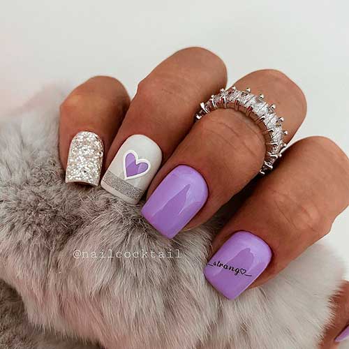 Glossy purple short square nails with accent glitter nail and heart shaped nail design!