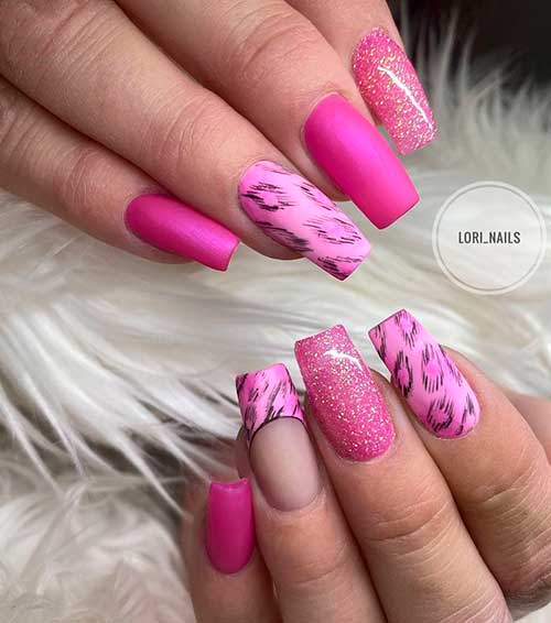 Gorgeous Pink Leopard Print Nails 2021 with accent glitter nail for summer time!