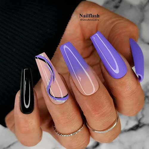 Gorgeous coffin medium purple nail art with accent black nail, cute purple nails 2021