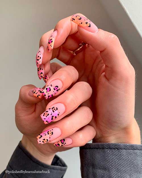 Gorgeous matte nude coffin nails 2021 with mixed pink and peach leopard print nail art on tips for summer days