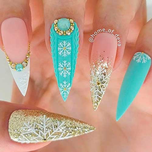 Gorgeous stiletto mint Christmas snowflake nails 2020 with gold glitter and rhinestones!