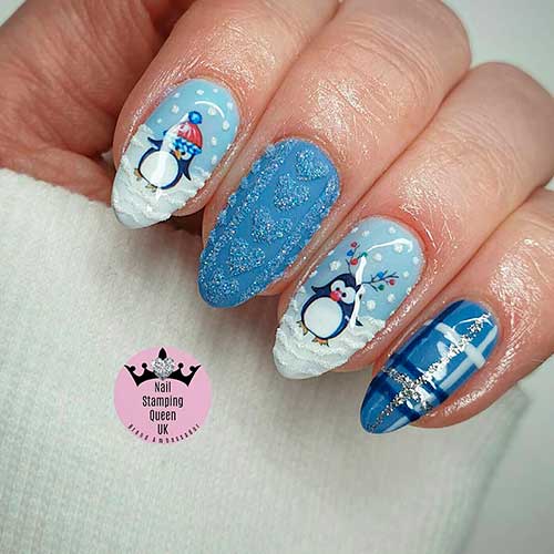 Let it Snow with Blue Penguin Nails Art design for Christmas 2020!
