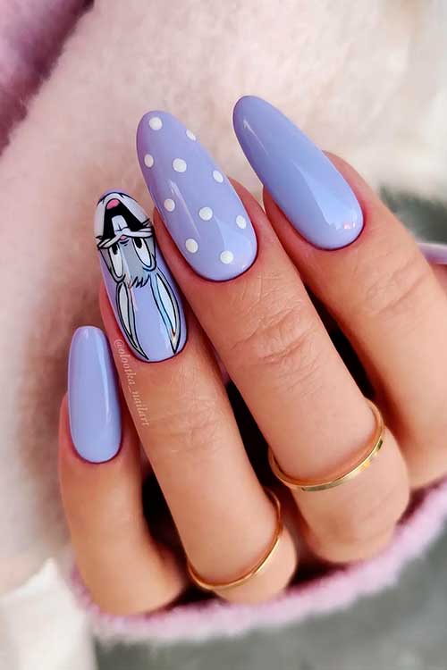 Long Light Purple Easter Nail Art Design with A Bunny and White Polka Dot Accents