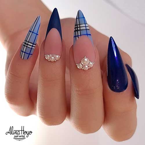 Light blue plaid nails with glossy navy blue almond shaped nails with two accent French nails 2020 with white pearls!