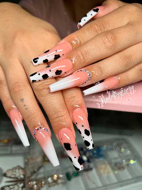 Long Coffin French Ombre Cow Print Nails 2023 with Rhinestones