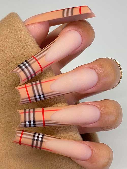 Long Coffin Matte Nude French Plaid Nails with Black, Red, and White Plaid Nail Art