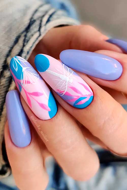 Long Light Purple Nails with Leaf Nail Art That Suits Spring Time