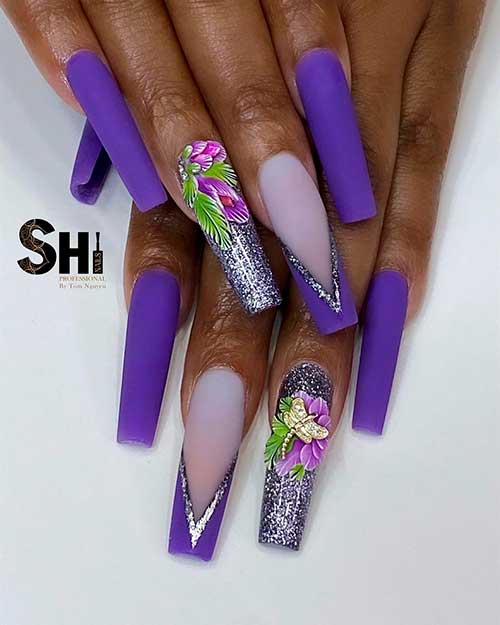 Long Matte Purple Nails 2021 with Floral Nail Art
