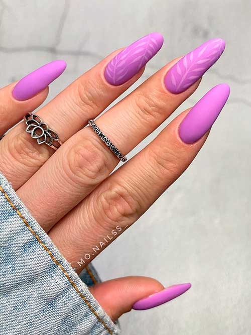 Matte Light Purple Nails with Leaf Nail Art for Summertime