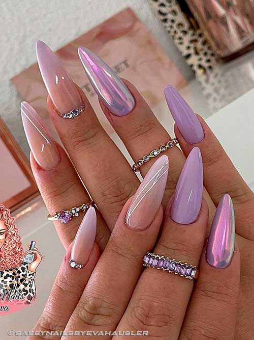 Long almond Purple Ombre Nails with glossy and metallic purple accent nails
