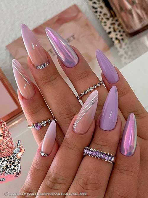Chic Purple Ombre Nails Long almond Purple Ombre Nails with glossy and metallic purple accent nails