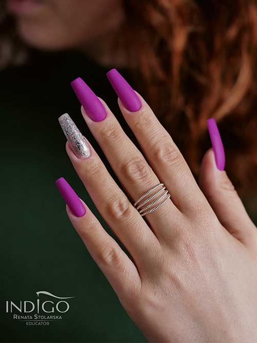 Long coffin matte purple nails 2023 with a silver accent nail