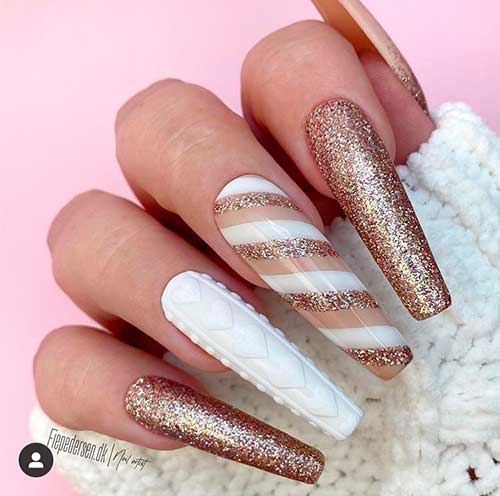 Long coffin shaped Christmas nails 2020 consist of glitter nails, two accent sweater and candy cane nails for Christmas 2020