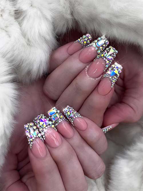 French Bling Nails Long coffin-shaped French Bling Nails 2023