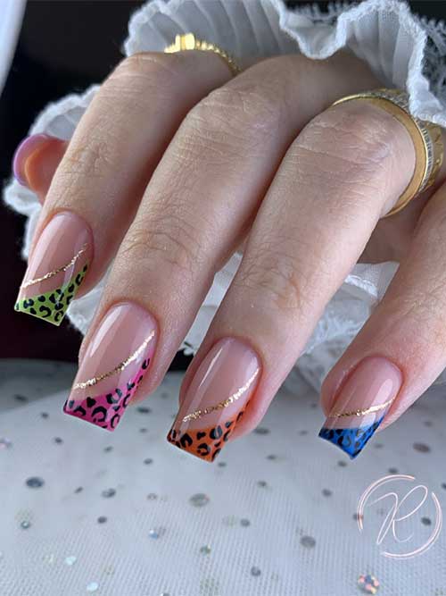 Long Square Shaped Multicolor Diagonal French Cheetah Print Nails with Gold Glitter Decorations