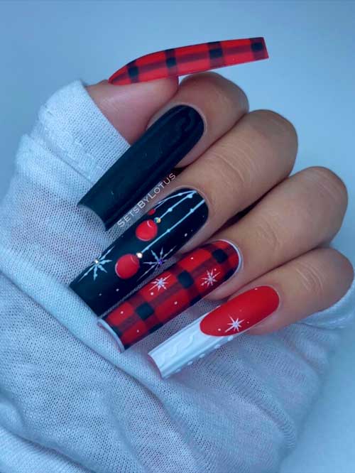 Long Square Shaped Red Black Christmas Plaid Nails with Snowflakes and Sweater Nail Art