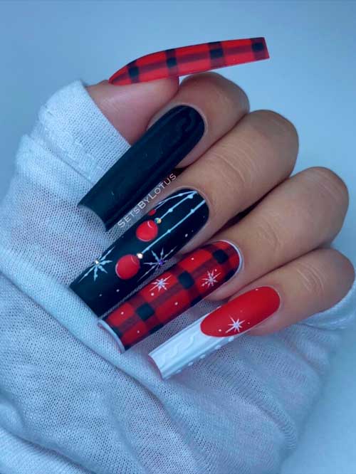 Red Black Christmas Plaid Nails Long Square Shaped Red Black Christmas Plaid Nails with Snowflakes and Sweater Nail Art