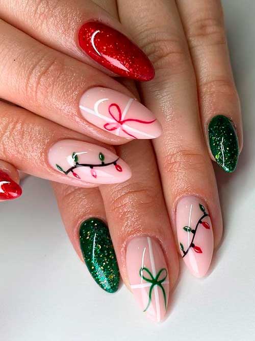Red and Green Christmas Nails with Christmas Lights and Presents on Two Accent Nude Nails