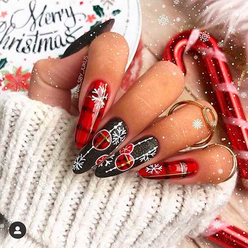 Red and black snowflake nails almond shaped for Christmas celebration!