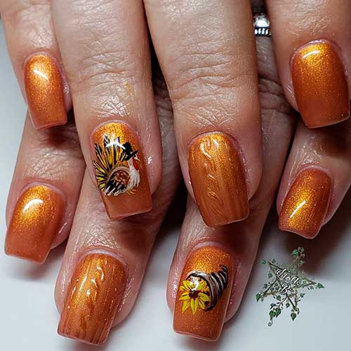 Shimmer Short Burnt orange thanksgiving nails with turkey nail art on accent nail, sweater nail and sunflower nail design!