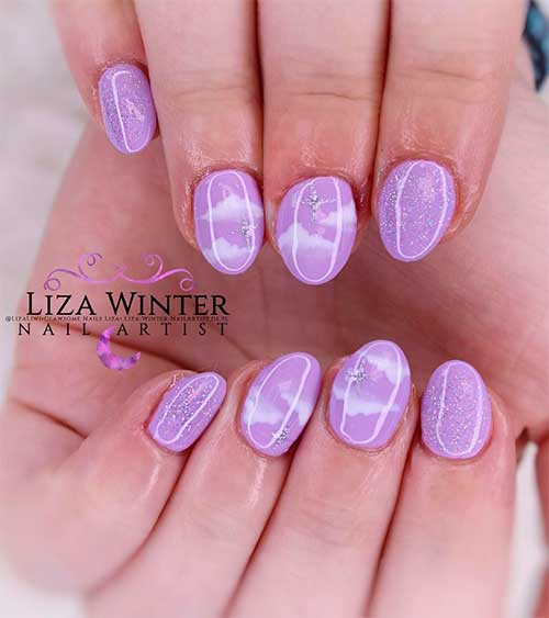 Shimmer purple nails with two accent cloud nails 2021 