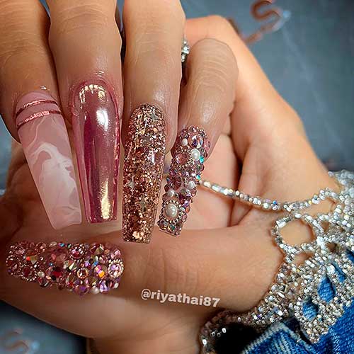 Cute coffin bling nails 2020 blended with two accent marble and rose gold chrome nails 2020 design! Cute coffin bling nails 2020 blended with two accent marble and rose gold chrome nails 2020 design!