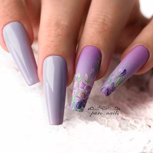 light purple coffin nails with two accent floral ombre nails for spring 2021!