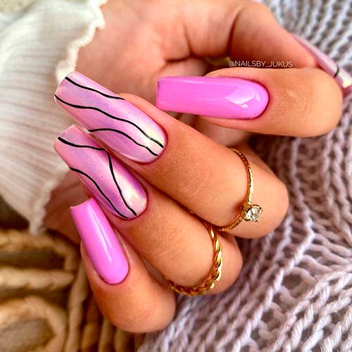 Long square Magenta nails 2021 with two accent pearl nails with black stripes and dust effect