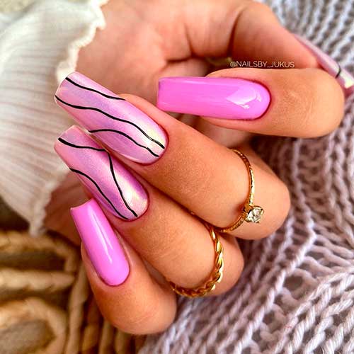 Long square Magenta nails with two accent pearl nails with black stripes and dust effect Long square Magenta nails 2021 with two accent pearl nails with black stripes and dust effect