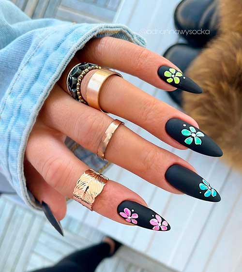Almond shaped matte black nails with colorful lovely flowers design!