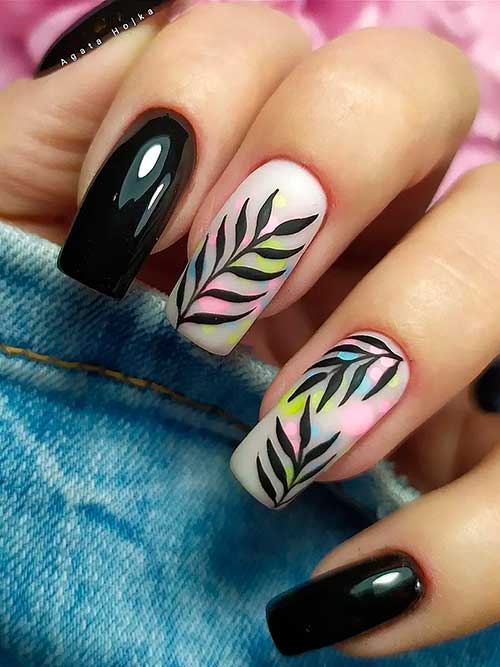 Long Square Shaped Black Nails with Leaf Nail Art on Two White Milk Nails with Colorful Patches