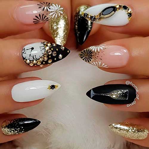 Black almond shaped new year nails with gold glitter and two accent new year fireworks, and new year's clock nails 