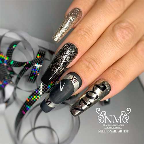 Black and gold new year nails 2021 coffin shaped design