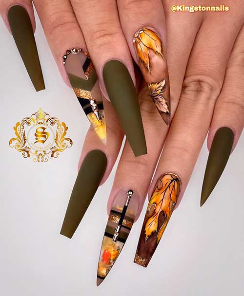 Coffin and stiletto shaped olive green nails design with autumn leaves on two accent nails!