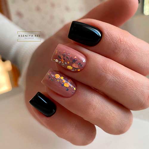 Cute Black Square Nails 2021 design with Two Accent Nude Color Nails with Glitter!
