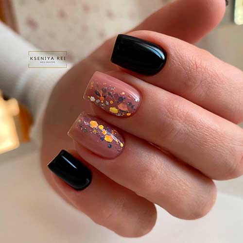 Cute Black Square Nails 2021 design with Two Accent Nude Color Nails with Glitter! Cute Black Square Nails 2021 design with Two Accent Nude Color Nails with Glitter!