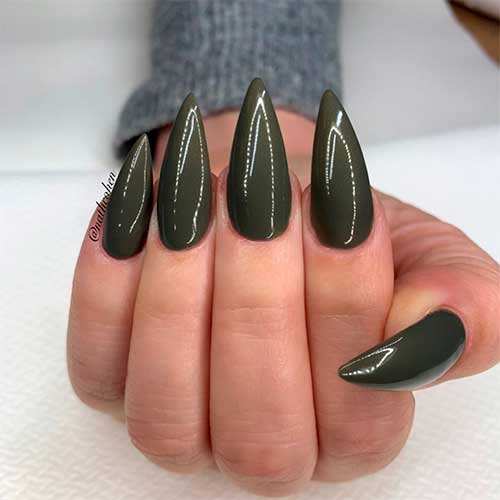 Cute long olive green nails idea