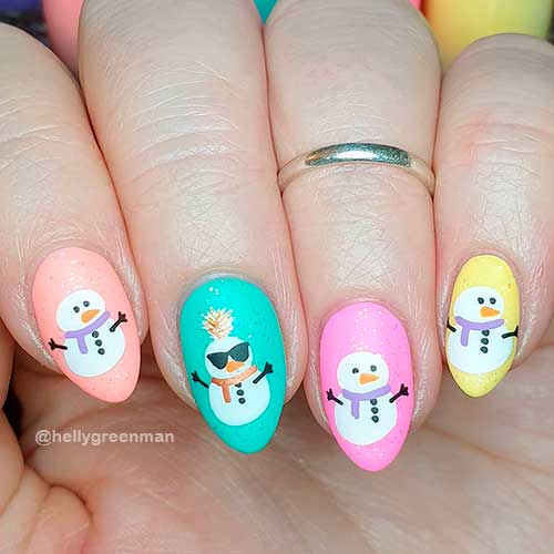 Easy Short Almond Shaped Multicolored Snowman Christmas Nails 2021