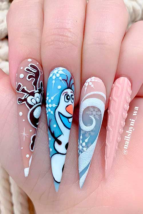 Elegant Stiletto Sweater, Reindeer, Snowflakes, and Snowman Christmas Nails