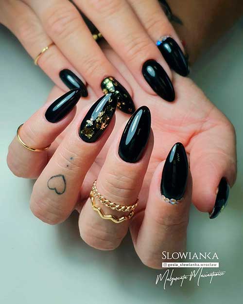 Glossy Black and Gold Nails 2021 with Rhinestones