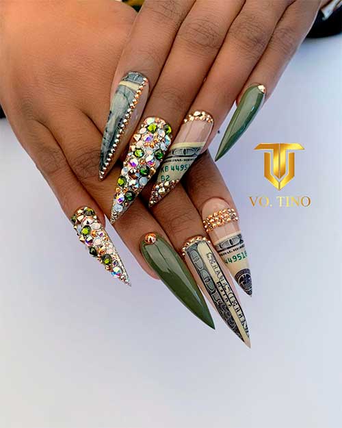 Gorgeous stiletto olive green nails design with Swarovski crystals and rhinestones!