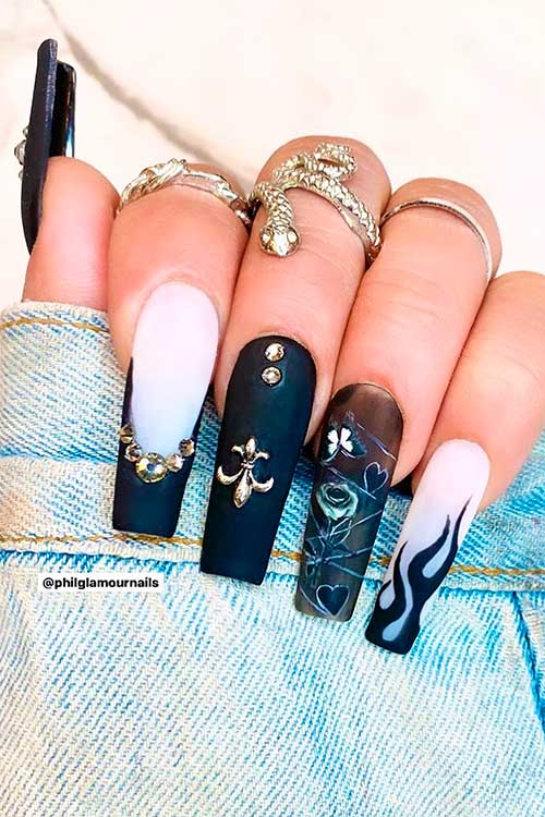Long Matte Classy Black Nails Design with Gold Rhinestones