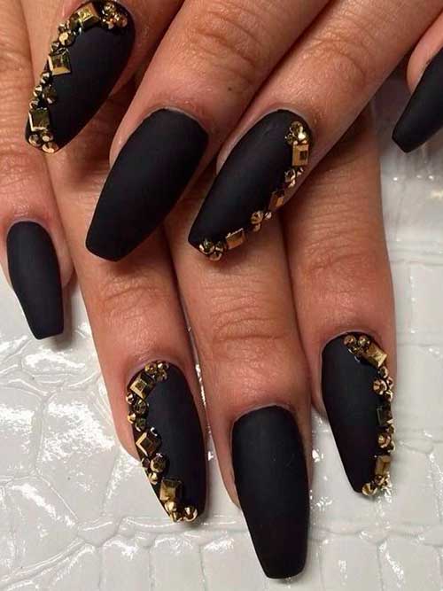 Matte cute black nails coffin shaped with gold rhinestones