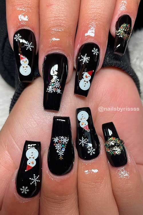Sparkling Black Coffin Snowman Nail Art with Snowflakes for Christmas 2021