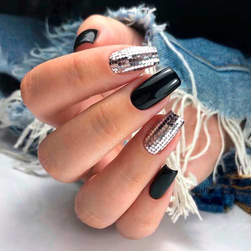 Square black nails 2021 with silver glitter for perfect look